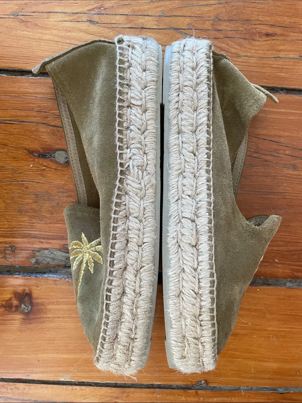 Manebi Olive Suede Espadrille Slip-Ons with Braided Jute Platform